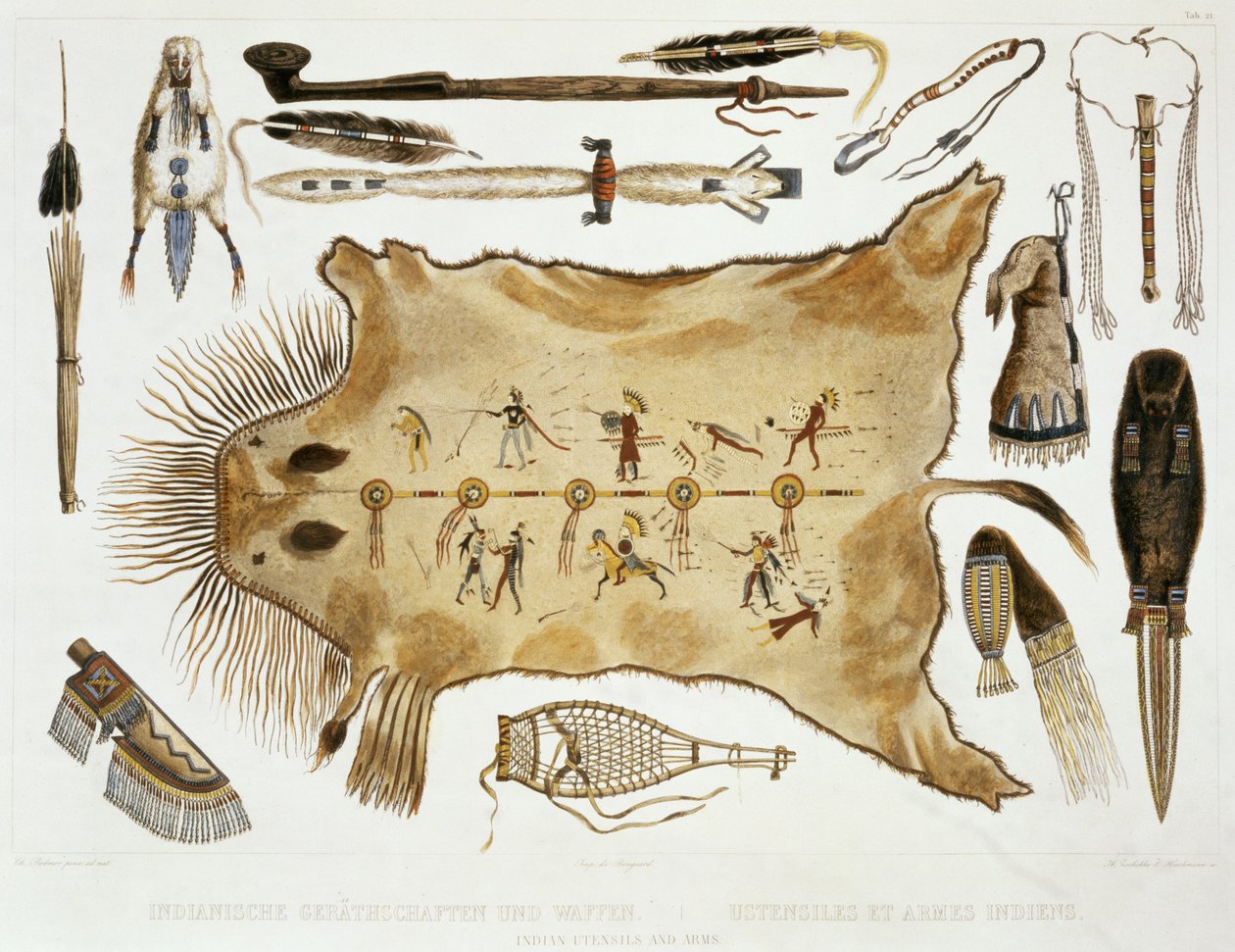 Indian Utensils and Arms, 21. tábla a „Travels in the Interior of North America” 2. kötetéből, A. Zschokke és J. Hurlimann metszet, 1844 (akvatinta) alkotó: Karl Bodmer