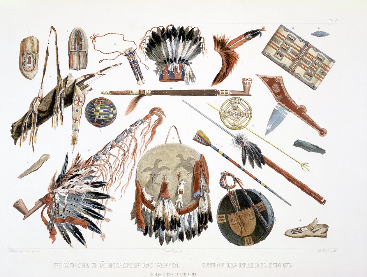 Indian Utensils and Arms, 48. tábla a „Travels in the Interior of North America” 2. kötetéből, vésette Du Casse, 1844 (akvatinta) alkotó: Karl Bodmer