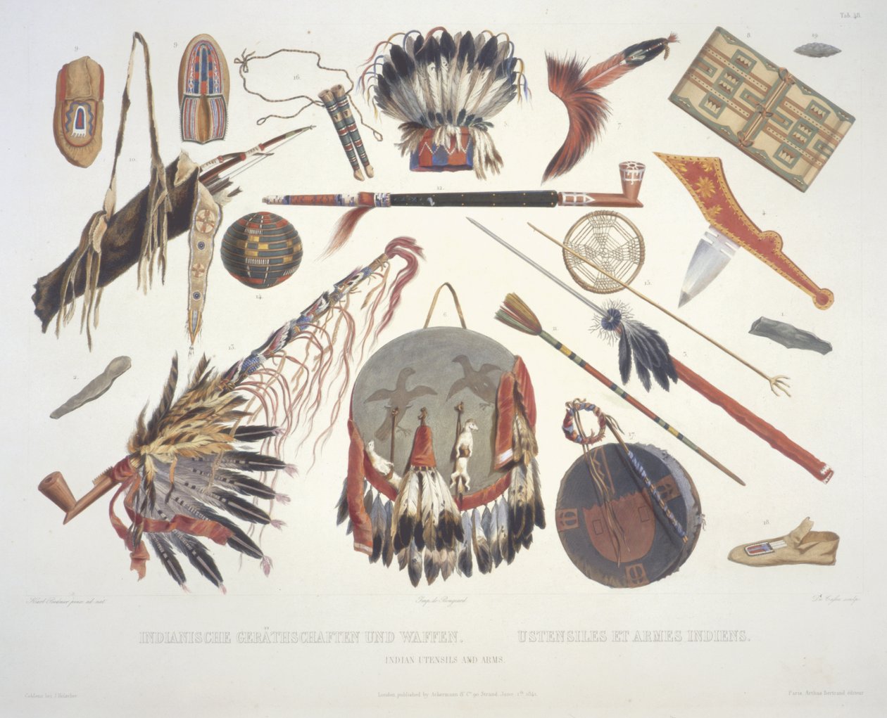 Indiai edények és karok, Du Casse metszete, 1841-ben megjelent (akvatinta) alkotó: Karl Bodmer