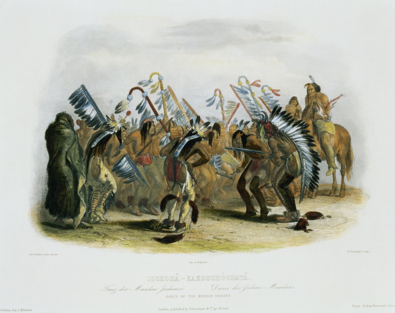 Ischoha-Kakoschochata, A mandán indiánok tánca, 25. tábla az „Utazások Észak-Amerika belsejében” 1. kötetéből, Narcisse Desmadryl metszete, 1843 (akvatinta) alkotó: Karl Bodmer