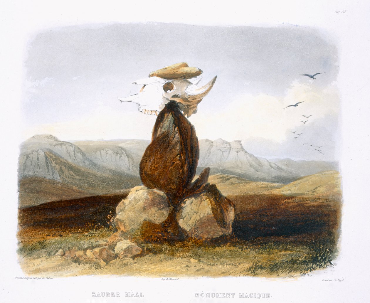 Mágikus cölöp, amelyet az assiniboin indiánok állítottak fel, az „Utazások Észak-Amerika belsejében” 1. kötet 15. táblája, Carl Vogel (1816-51) metszete 1843 (akvatinta) alkotó: Karl Bodmer