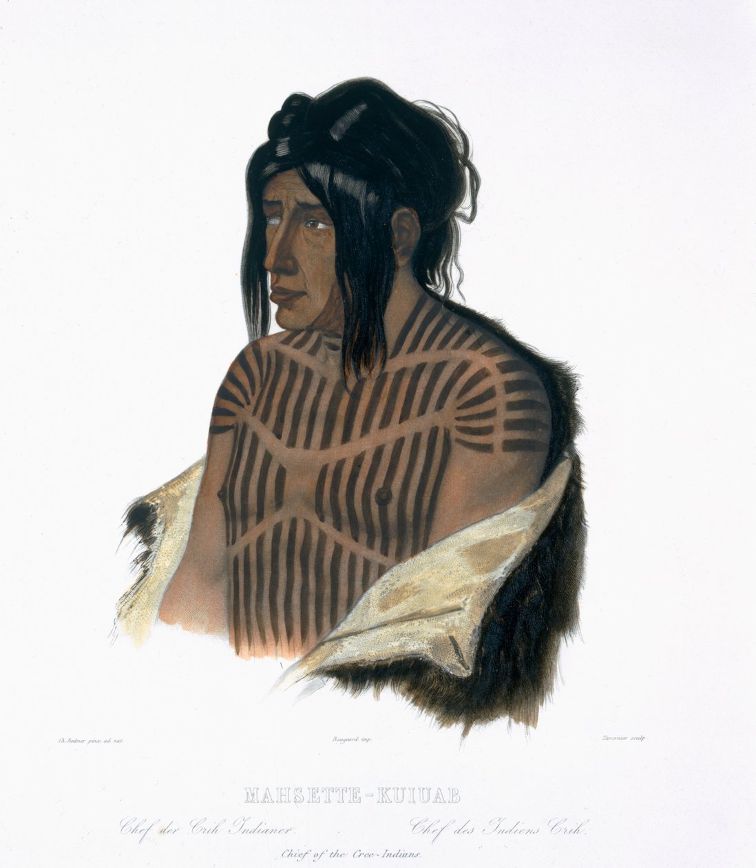 Mahsette-Kuiuab, a Cree indiánok főnöke, az „Utazások Észak-Amerika belsejében” 1. kötet 22. táblája, Pierre Joseph Tavernier (1787-1845) metszetében, 1843 (akvatinta) alkotó: Karl Bodmer