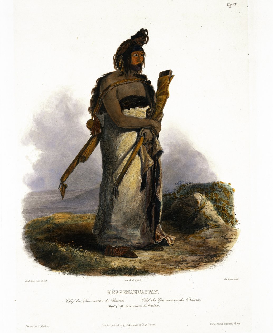 Mexkemahuastan, a Gros-Ventres of the Prairies vezetője, a „Travels in the Interior of North America” 1. kötet 20. táblája, J. Hurlimann metszet, 1843 (akvatinta) alkotó: Karl Bodmer