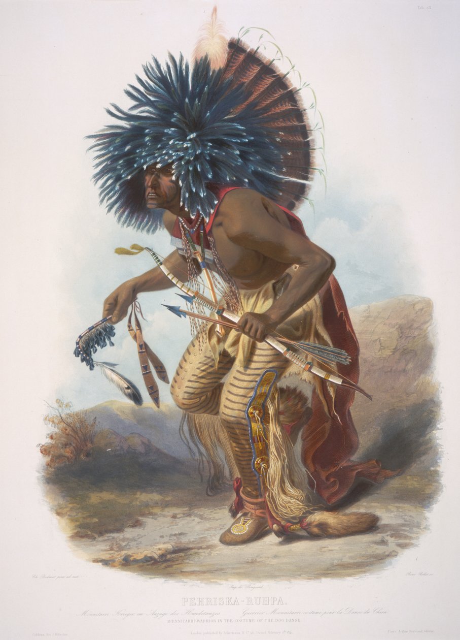 Moennitarri harcos a kutyatánc jelmezében. Pehriska-Ruhpa alkotó: Karl Bodmer