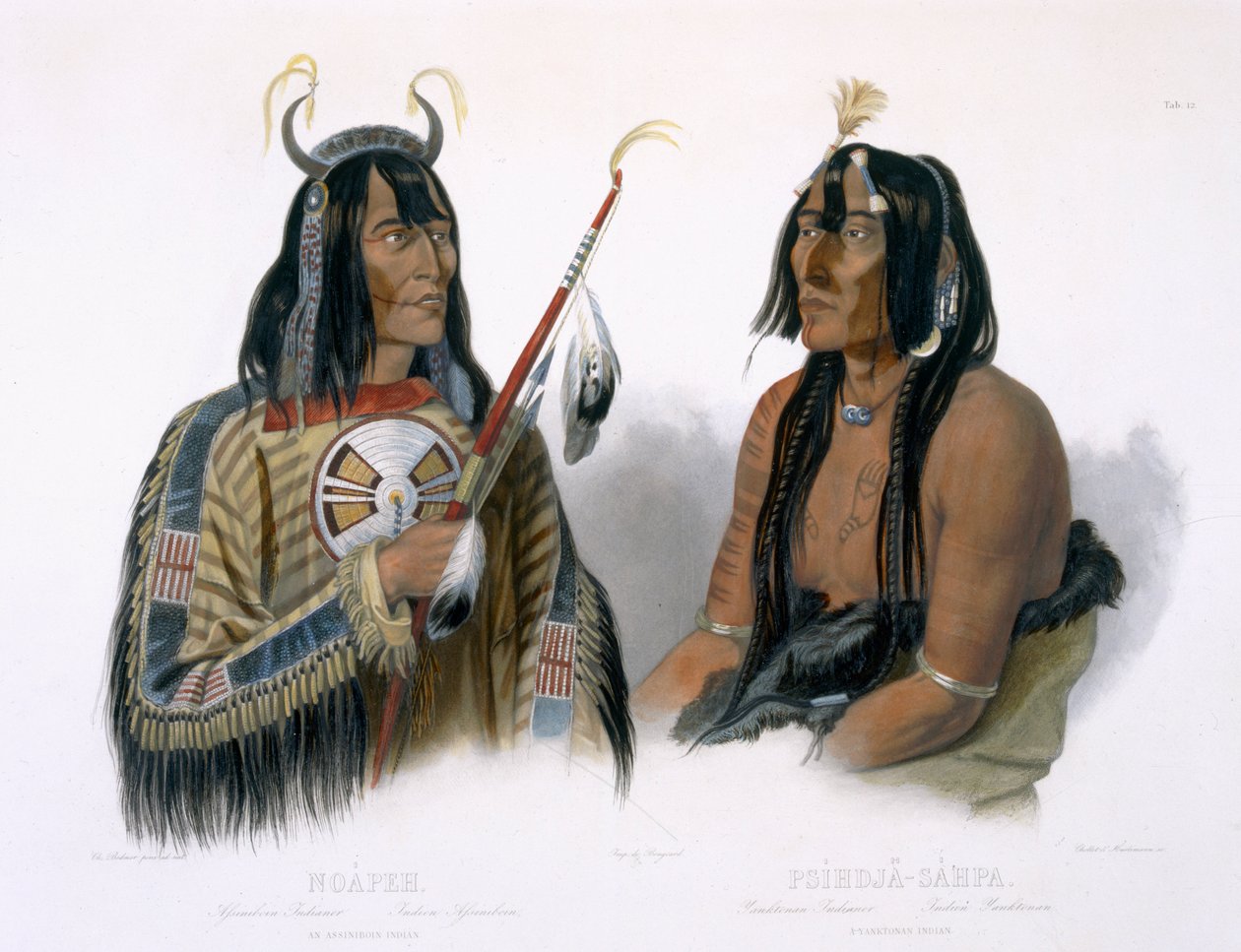 Noapeh, egy assiniboin indián és Psihdja-Sahpa, egy janktonai indián, a „Travels in the Interior of North America” 2. kötetének 12. táblája, metszett Chollet és J. Hurlimann, 1844 (akvatinta) alkotó: Karl Bodmer