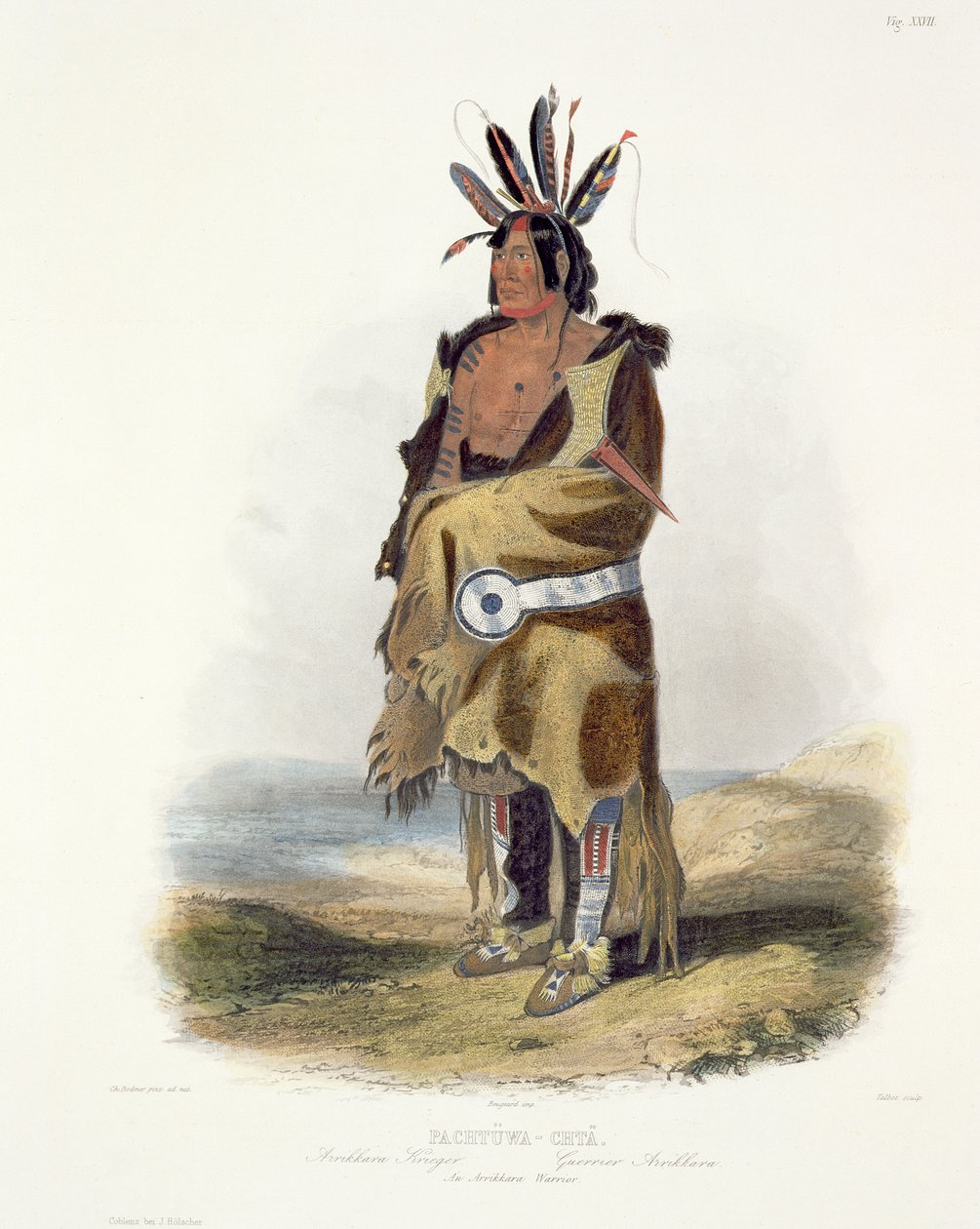 Pachtuwa-Chta, egy Arrikkara harcos, 27. tábla a „Travels in the Interior of North America” 1. kötetéből, Talbot metszet, 1843 (akvatinta) alkotó: Karl Bodmer
