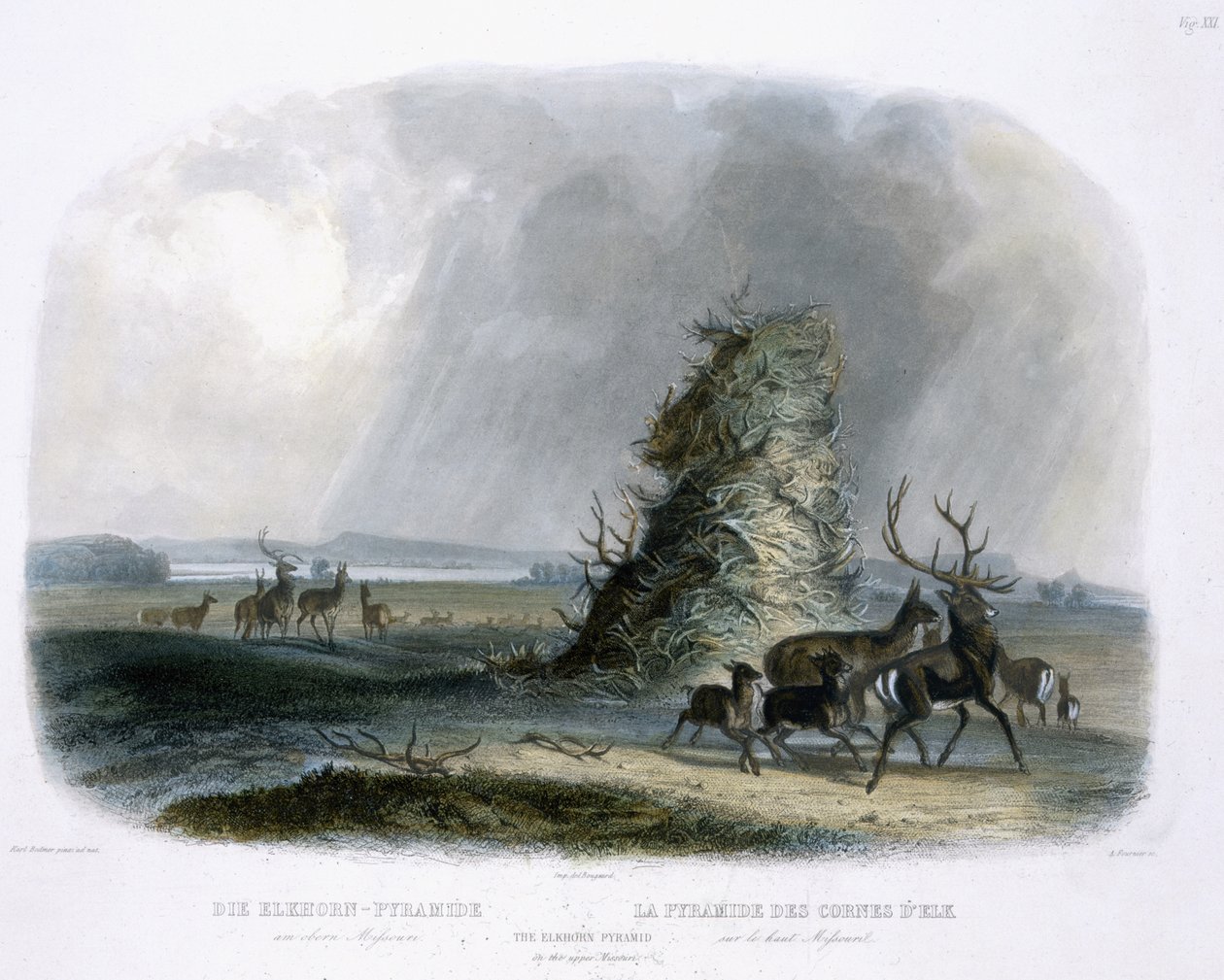 Az Elkhorn-piramis a Missouri felső folyásánál, 21. tábla az "Utazások Észak-Amerika belsejében" című kötet 1. kötetéből, metszet: A. Fournier, 1843 (akvatinta). alkotó: Karl Bodmer