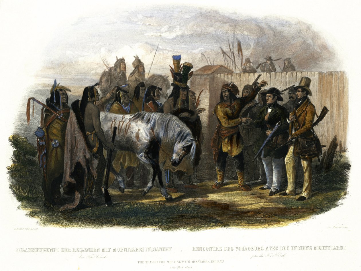 Az utazók találkozása Minatarre indiánokkal Fort Clark közelében, 26. tábla a „Travels in the Interior of North America” 1. kötetéből, metszett Alexandre Manceau, 1843 (akvatinta) alkotó: Karl Bodmer