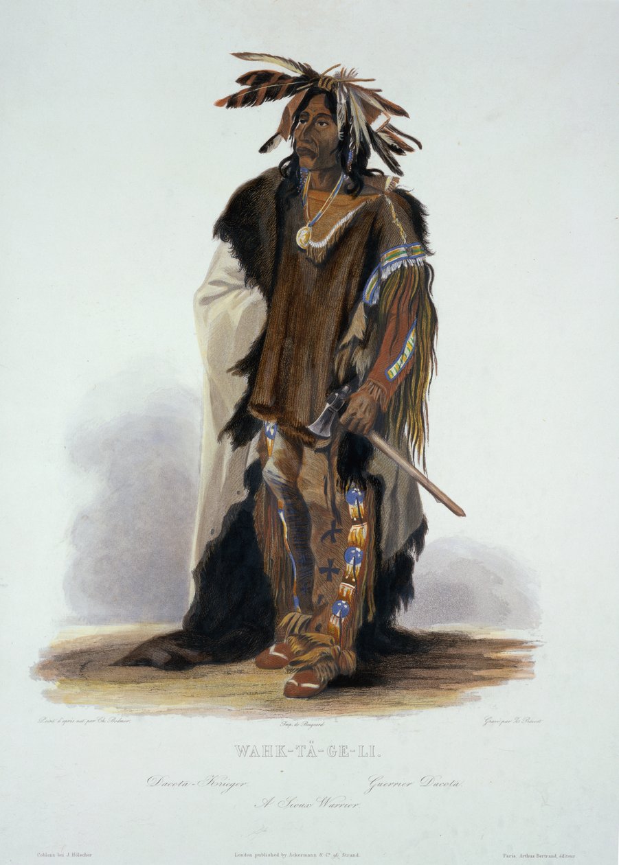 Wahk-Ta-Ge-Li, sziú harcos, „Utazások Észak-Amerika belsejében” 2. kötetének 8. táblája, Z. Prevost metszete, 1844 (akvatinta) alkotó: Karl Bodmer