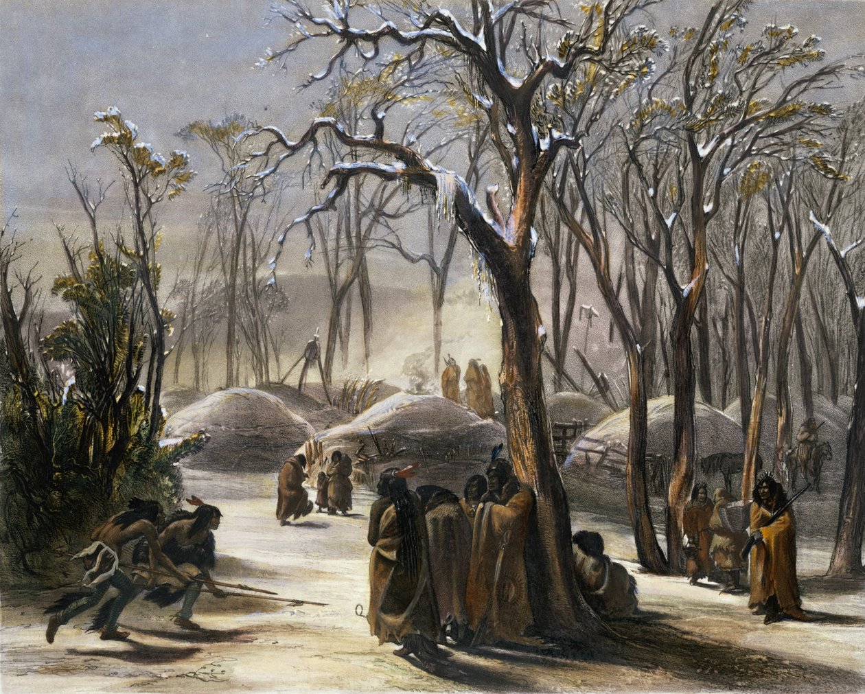 A Minatarres téli faluja, 26. tábla az "Utazások Észak-Amerika belsejében" 2. kötetéből, Narcisse Desmadryl metszete, 1844 (aquatinta). alkotó: Karl Bodmer