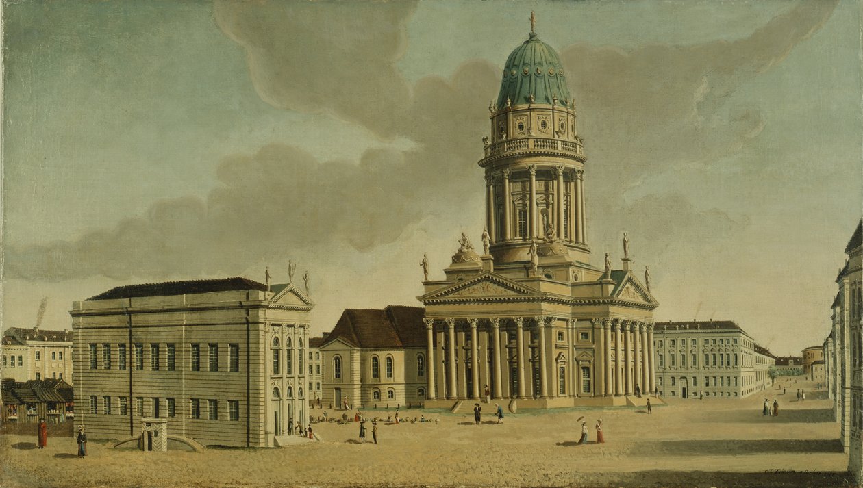A Gendarmenmarkt látképe a francia színházzal és a székesegyházzal, Berlin, 1788 alkotó: Karl Friedrich Fechhelm