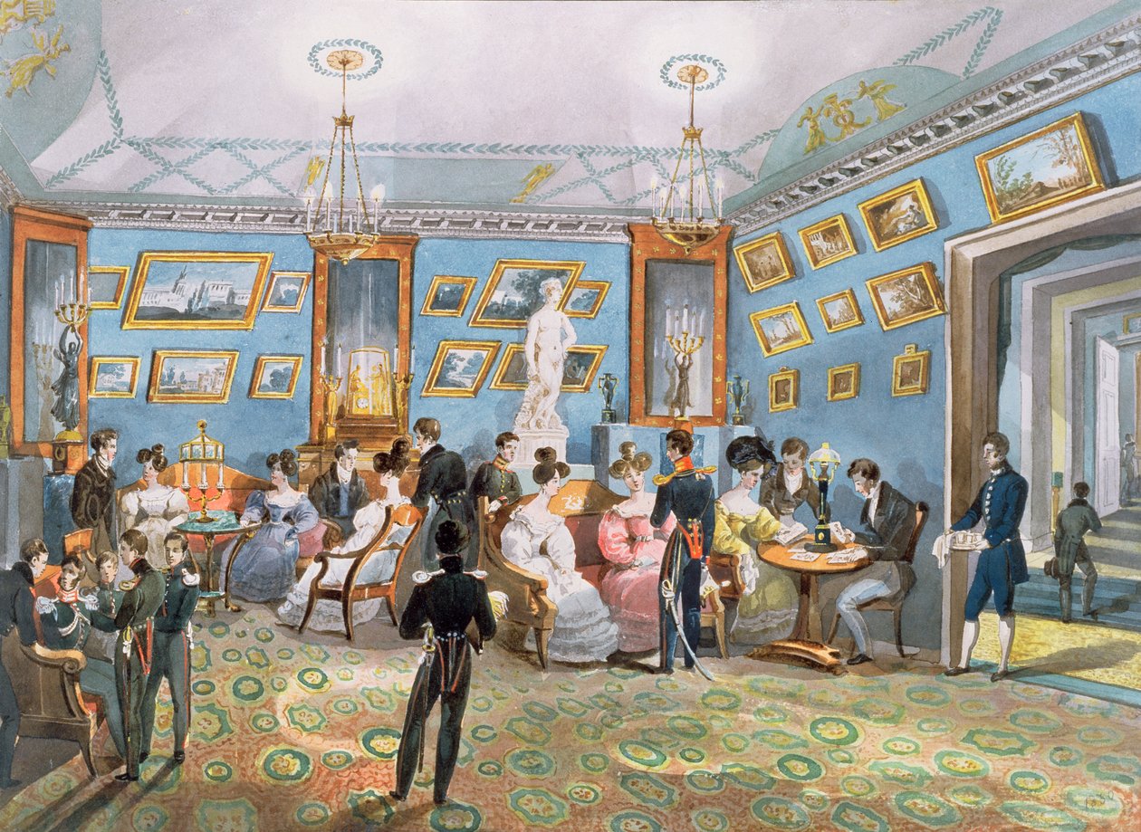 Egy társasági szalon, 1830 körül alkotó: Karl Ivanovich Kolmann