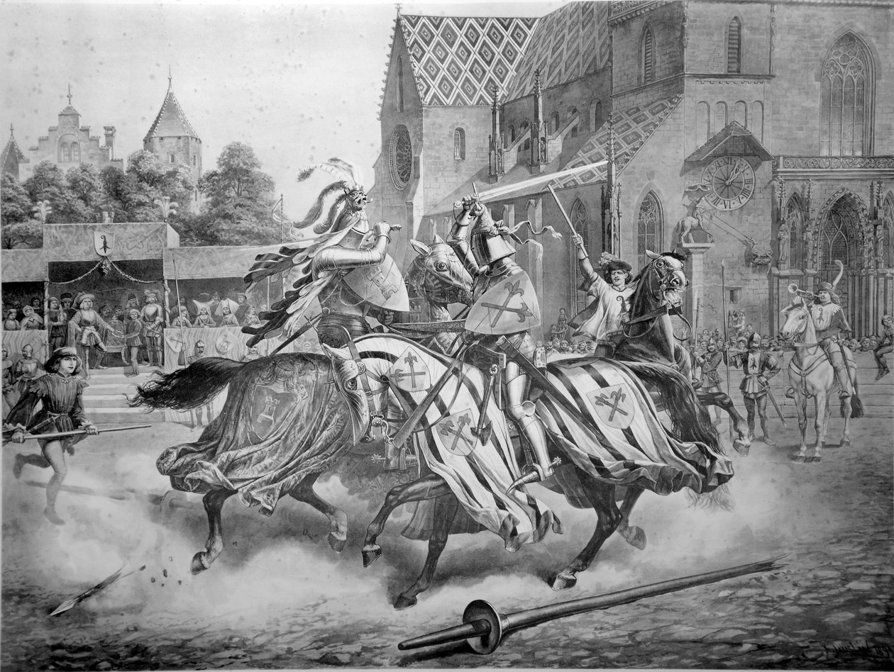 A bázeli torna Heinrich von Ramstein és a spanyol Don Merlo között 1428. december. Kiadó: Emil Birhäuser, Basel alkotó: Karl Jauslin