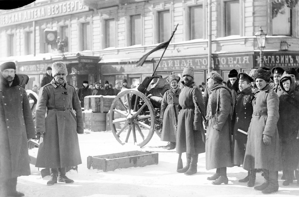 Barikádok a Liteiniy Prospekton, Szentpéterváron, 1917. február alkotó: Karl Karlovich Bulla