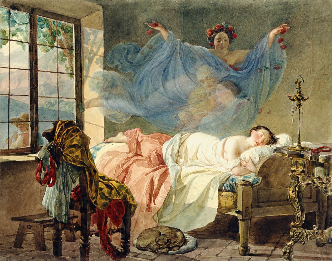 Egy fiatal lány álmai hajnalban, 1830-33 (wc a kártyán) alkotó: Karl Pavlovich Bryullov