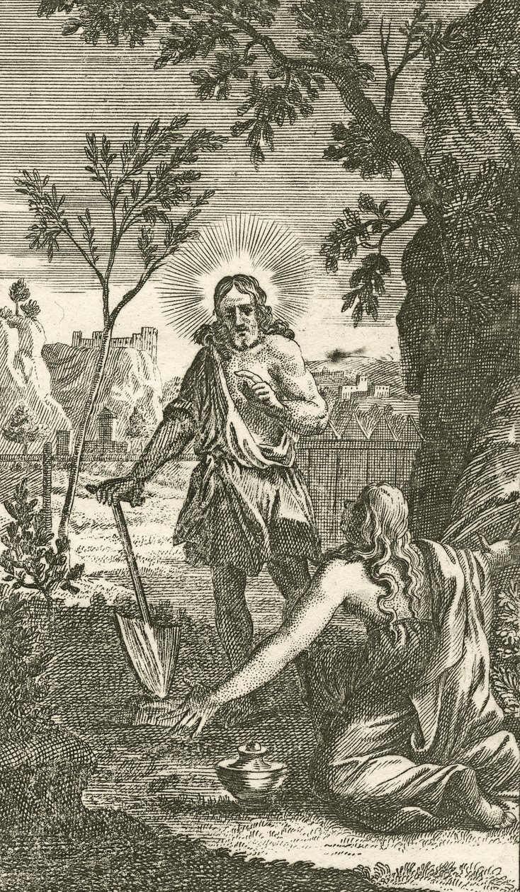 Jézus Mária Magdolna kertészeként jelenik meg, egy német áhítatból, 1709-ből (rézmetszet) alkotó: Karl Remshard