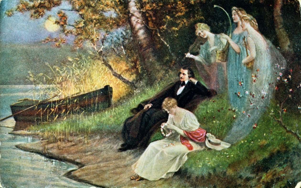 Robert Schumannt (1810-56) ábrázoló képeslap múzsákkal, 1910 körül alkotó: Karl the Elder Schweninger