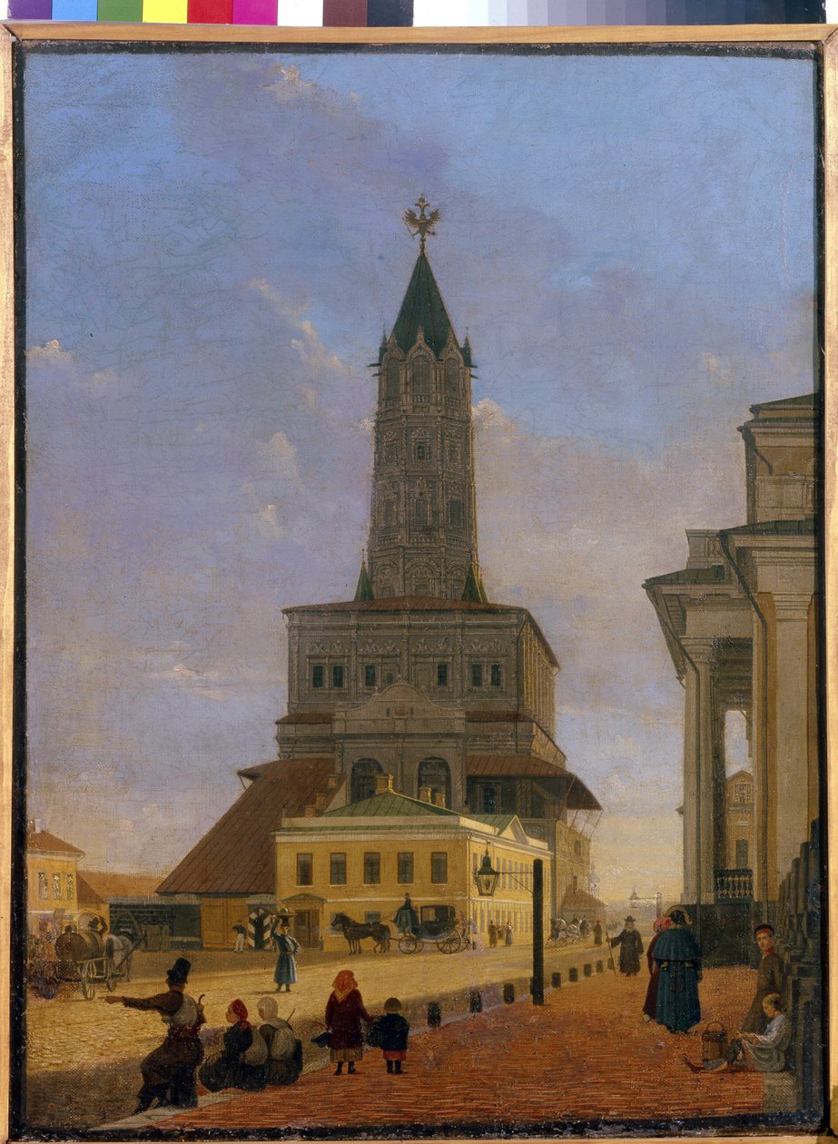 A Szuharev-torony Moszkvában. 1695-ben épült, Tchoglokov építész és 1934-ben bontották le, a kertek körgyűrűje és a Stretenka utca sarkán található. Karl Petrovich Bodri (1812-1894) festménye, olaj, vászon alkotó: Karl Fridrikh Petrovich Bodri