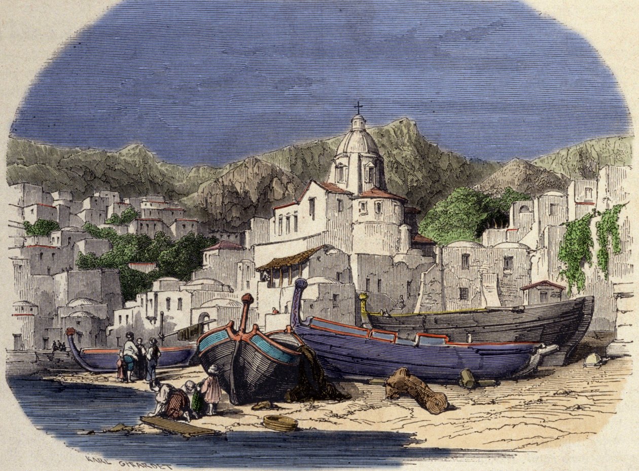 Positano látképe Olaszországban a 19. század végén Girardet után. alkotó: Karl (after) Girardet