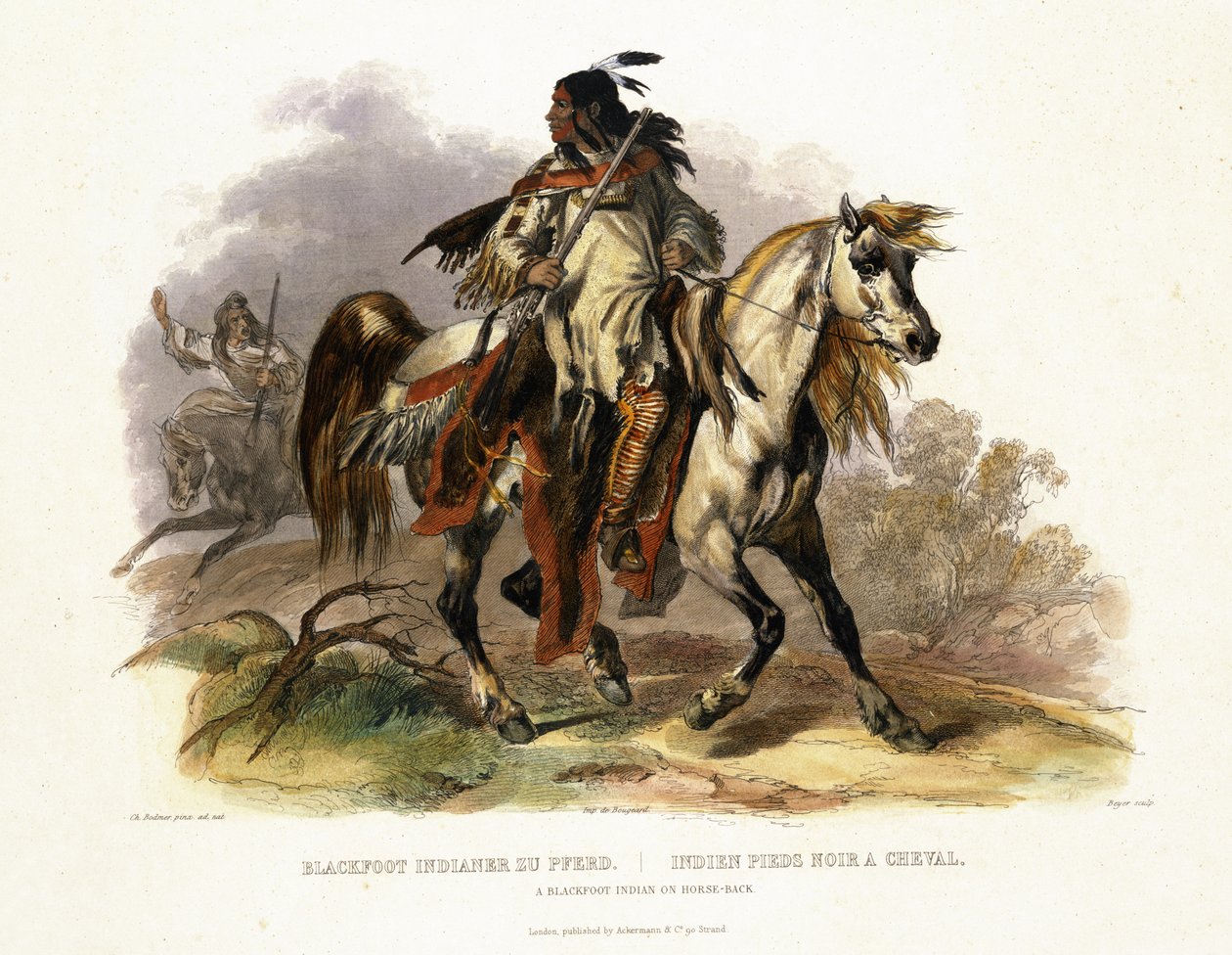 Feketelábú indián lóháton, 19. tábla a „Travels in the Interior of North America” 1. kötetéből, Leopold Beyer (1784-1870 körül) metszete, 1843 (akvatinta) alkotó: Karl Bodmer