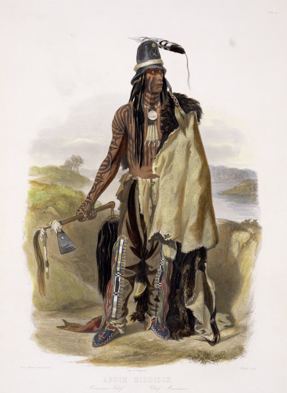 Abdih Hiddisch, a Minitarre főnöke, a „Travels in the Interior of North America” 2. kötetének 24. táblája, Rollet metszete, 1844 (akvatinta) alkotó: Karl Bodmer
