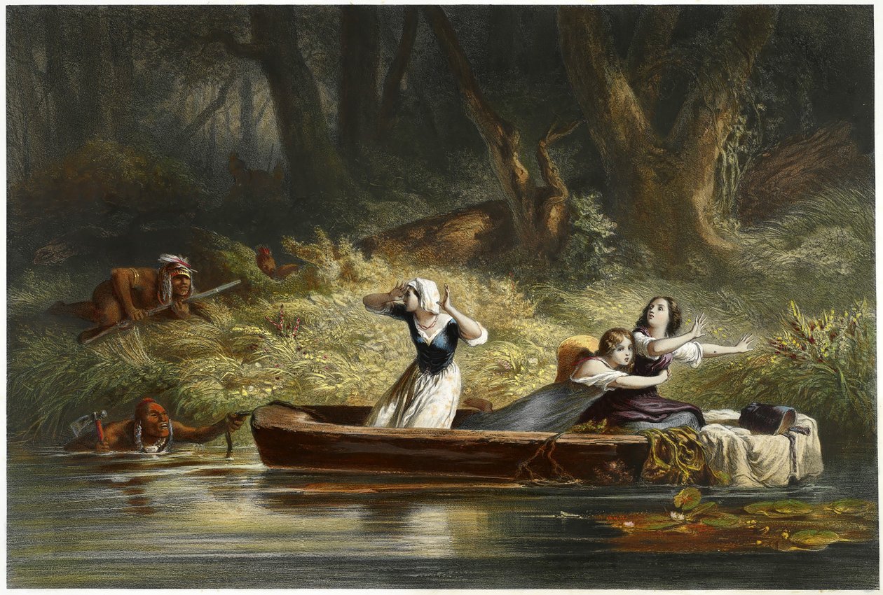 Daniel Boone és Richard Callaway lányainak elfogása az indiánok által, kocsma. 1852 (színes metszet) alkotó: Karl Bodmer