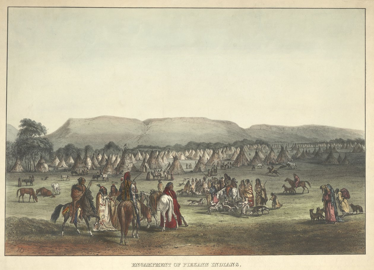 Piekann indiánok tábora, kocsma. 1842 alkotó: Karl Bodmer