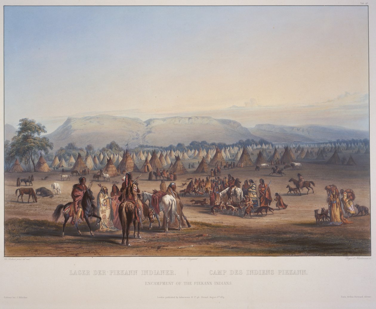 A piekann indiánok tábora, Beyer és Hurliman metszete, 1839-ben jelent meg (aquatinta) alkotó: Karl Bodmer