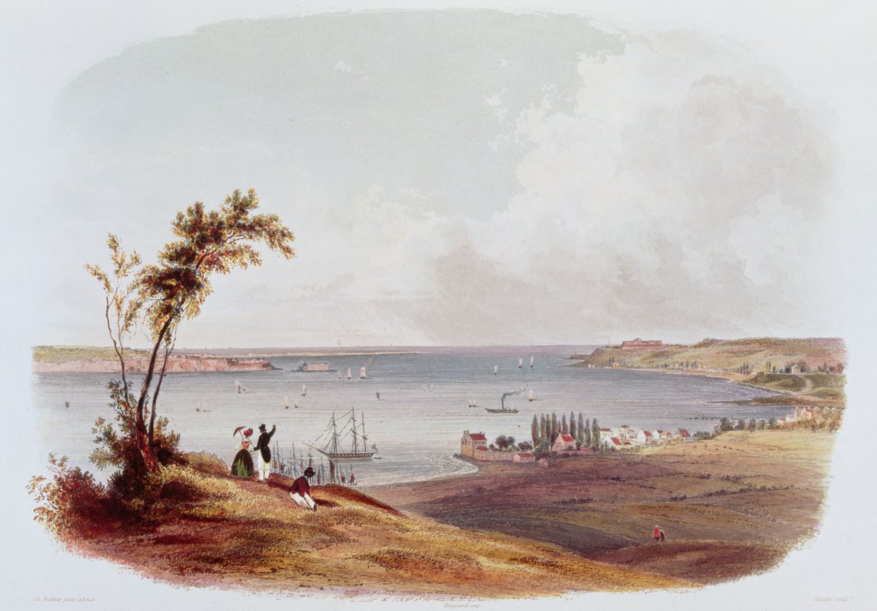 Bejárat a New York-i öbölbe, Staten Islanden, Salathe metszete (színes litó) alkotó: Karl Bodmer