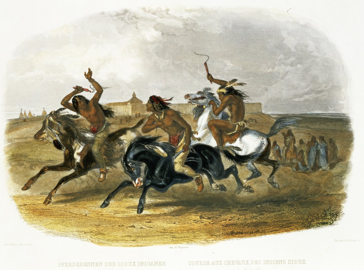 Sziú indiánok lóversenye Fort Pierre közelében, 30. tábla a „Travels in the Interior of North America” 1. kötetéből, Du Casse és Doherty metszet, 1843 (akvatinta) alkotó: Karl Bodmer