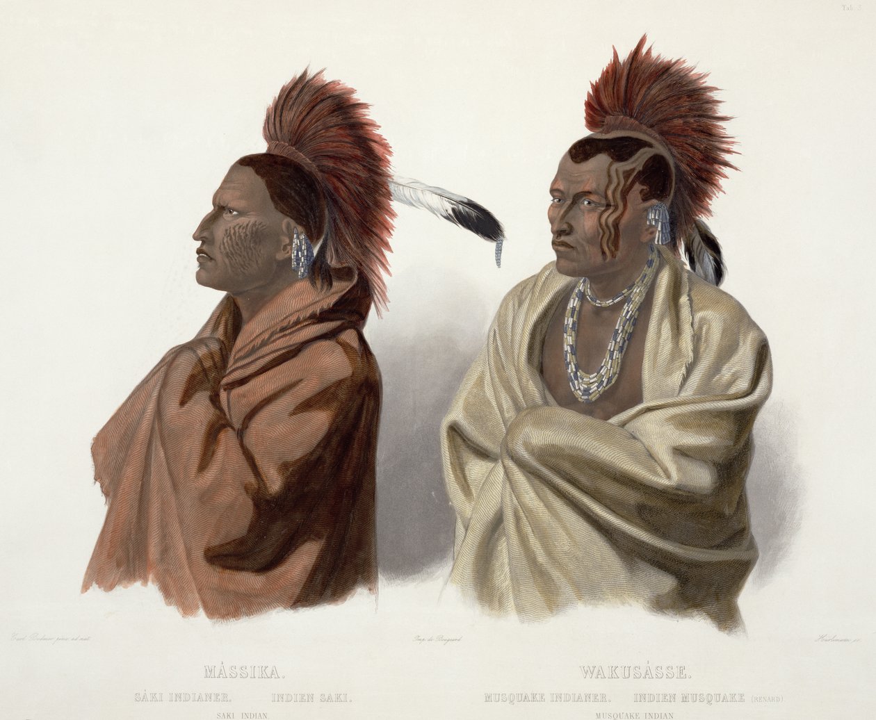 Massika, egy saki indián és Wakusasse, egy musquake indián, 3. tábla az "Utazások Észak-Amerika belsejében" 2. kötetéből, metszet: J. Hurlimann, 1844 (aquatinta). alkotó: Karl Bodmer