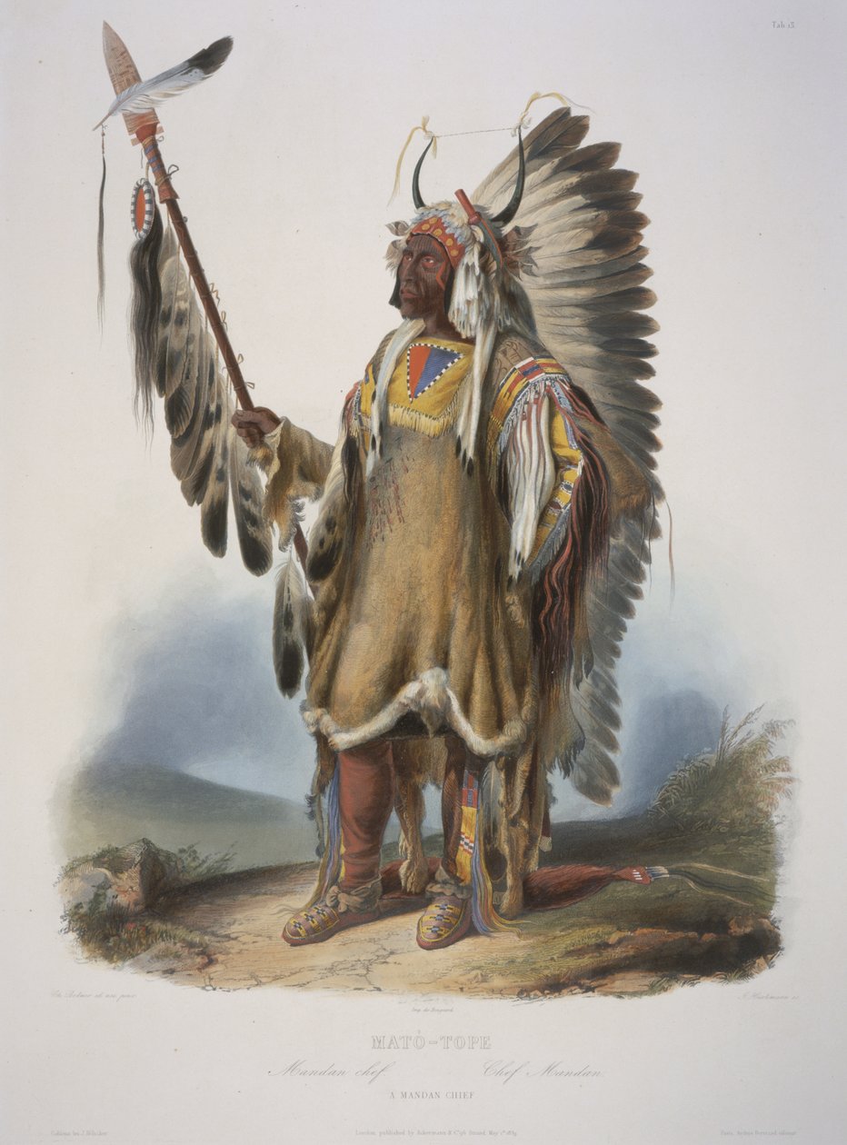 Mato-Tope, egy mandan törzsfőnök, J. Hurliman metszete, 1839-ben jelent meg (aquatinta) alkotó: Karl Bodmer
