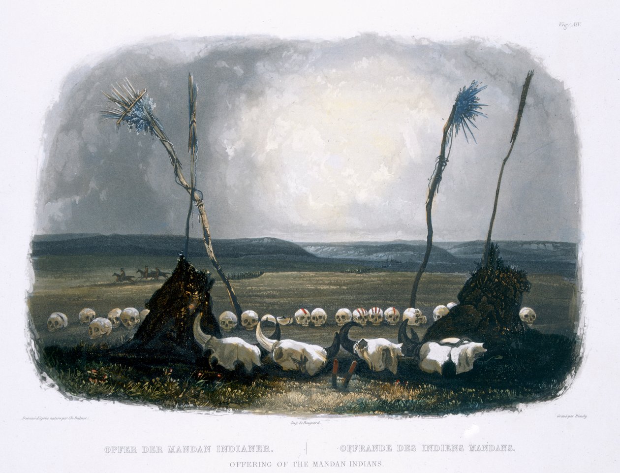 A mandan indiánok felajánlása, 14. tábla az "Utazások Észak-Amerika belsejében" 1. kötetéből, metszette Sigismond Himely (1801-72) 1843 (aquatinta) alkotó: Karl Bodmer