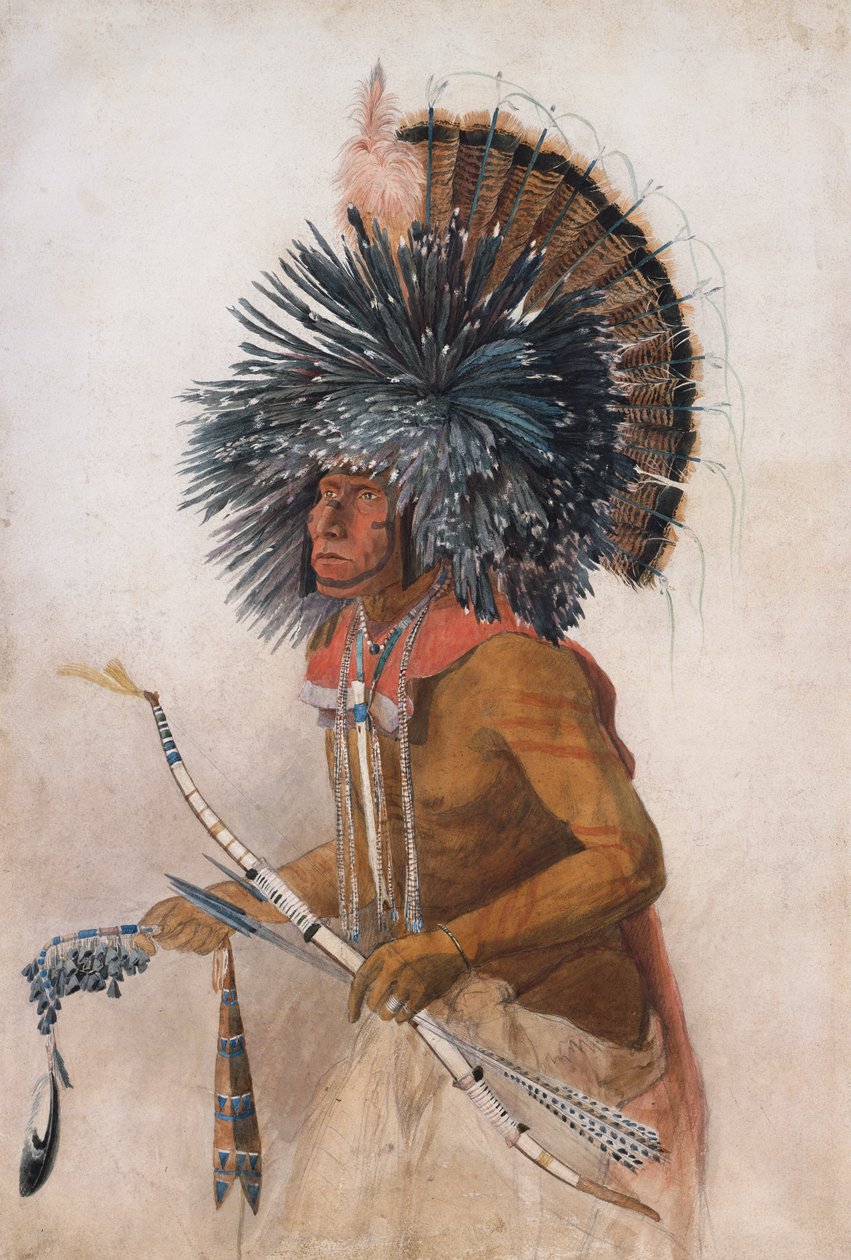 Pehriska-Ruhpa, Hidatsa harcos, a kutyatánc jelmezében alkotó: Karl Bodmer