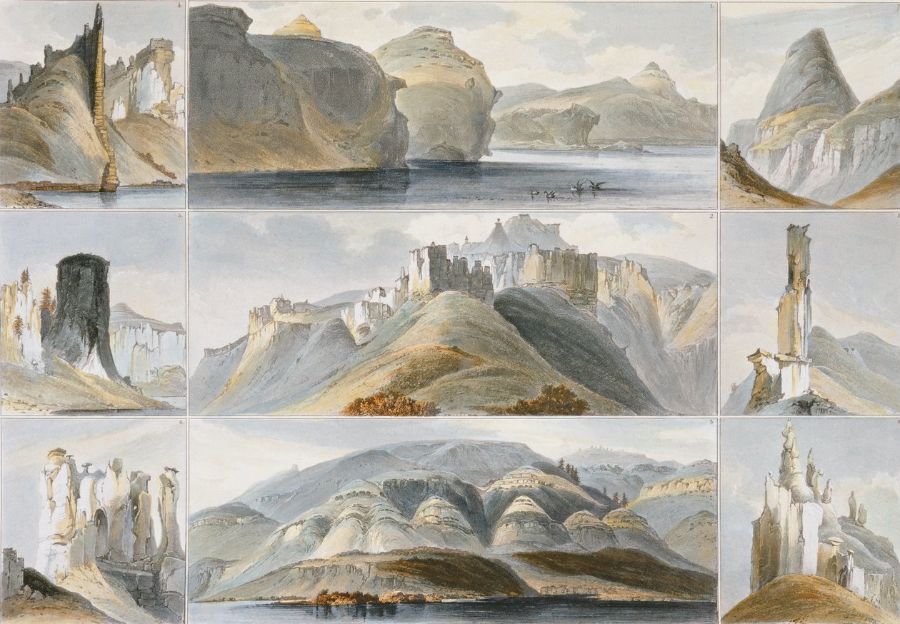Figyelemre méltó dombok Missouri felső részén, 34. tábla a „Travels in the Interior of North America” 2. kötetéből, Friedrich Salathe (1793-1858) metszete, 1844 (akvatinta) alkotó: Karl Bodmer
