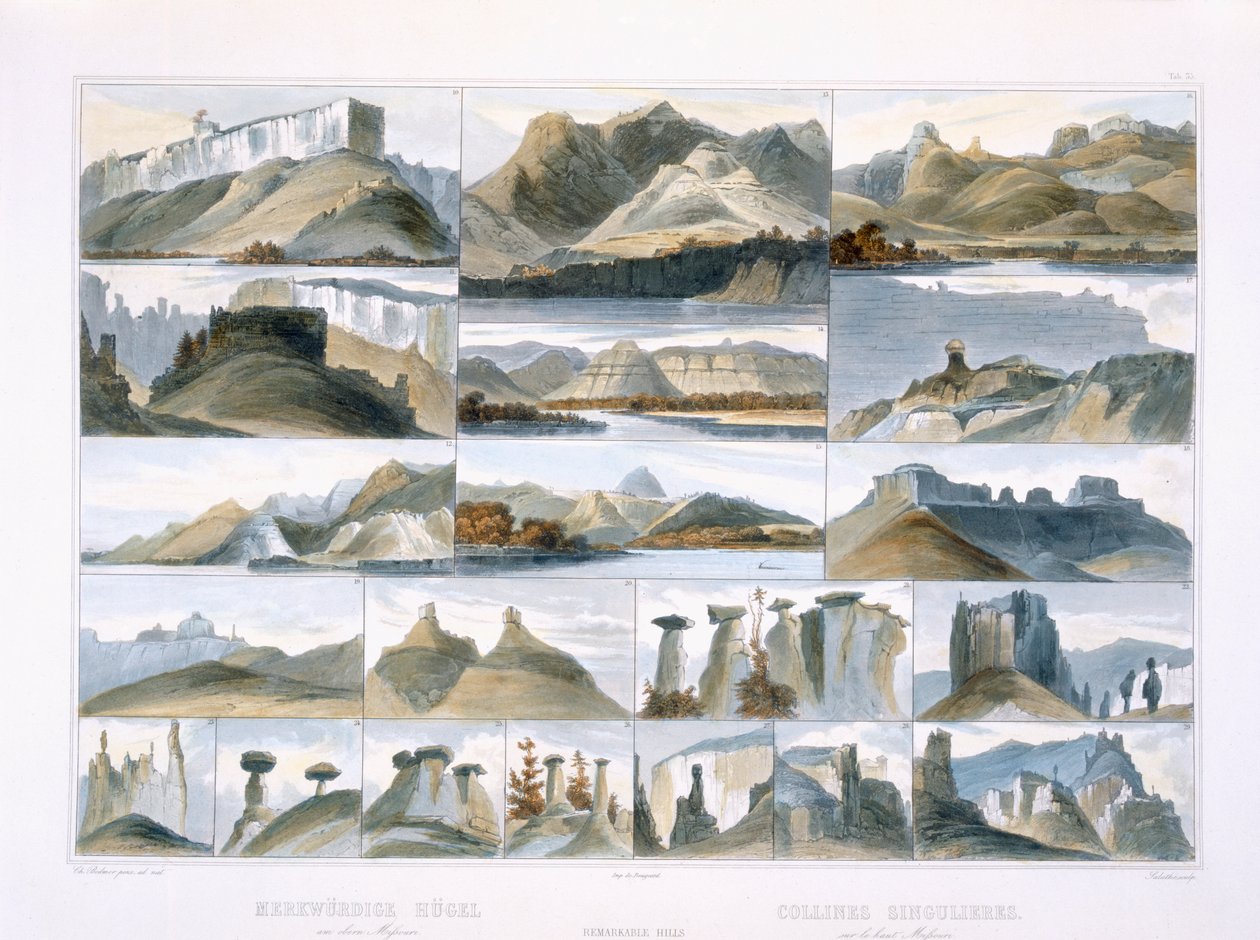 Figyelemre méltó dombok Missouri felső részén, 35. tábla a „Travels in the Interior of North America” 2. kötetéből, Friedrich Salathe (1793-1858) metszete, 1844 (akvatinta) alkotó: Karl Bodmer