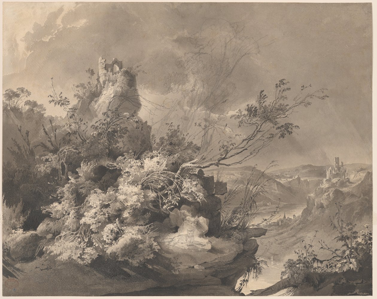 Romos tornyok, kilátással a Rajnára alkotó: Karl Bodmer