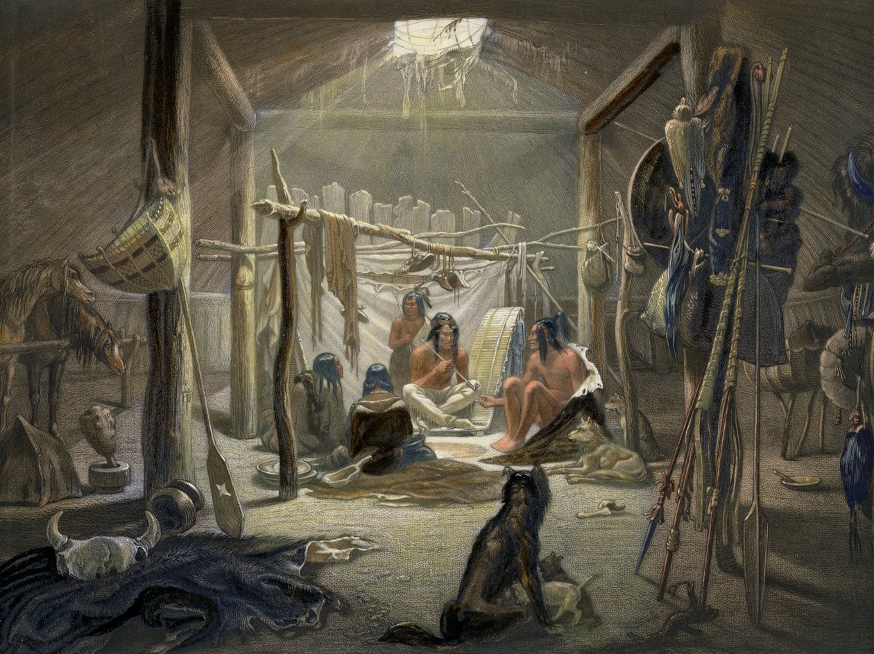 Egy mandán főnök kunyhójának belseje, 19. tábla az Utazások Észak-Amerika belsejében című 2. kötetből, Narcisse Desmadryl metszetével, 1844-es 103848 színes aquatinta részlet alkotó: Karl Bodmer