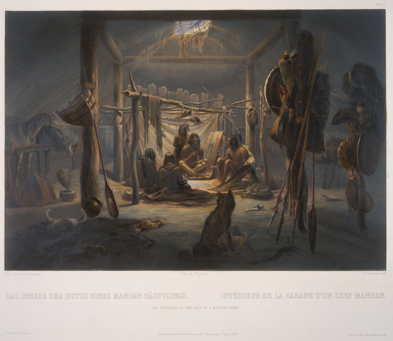 Egy mandánfőnök kunyhójának belseje alkotó: Karl Bodmer