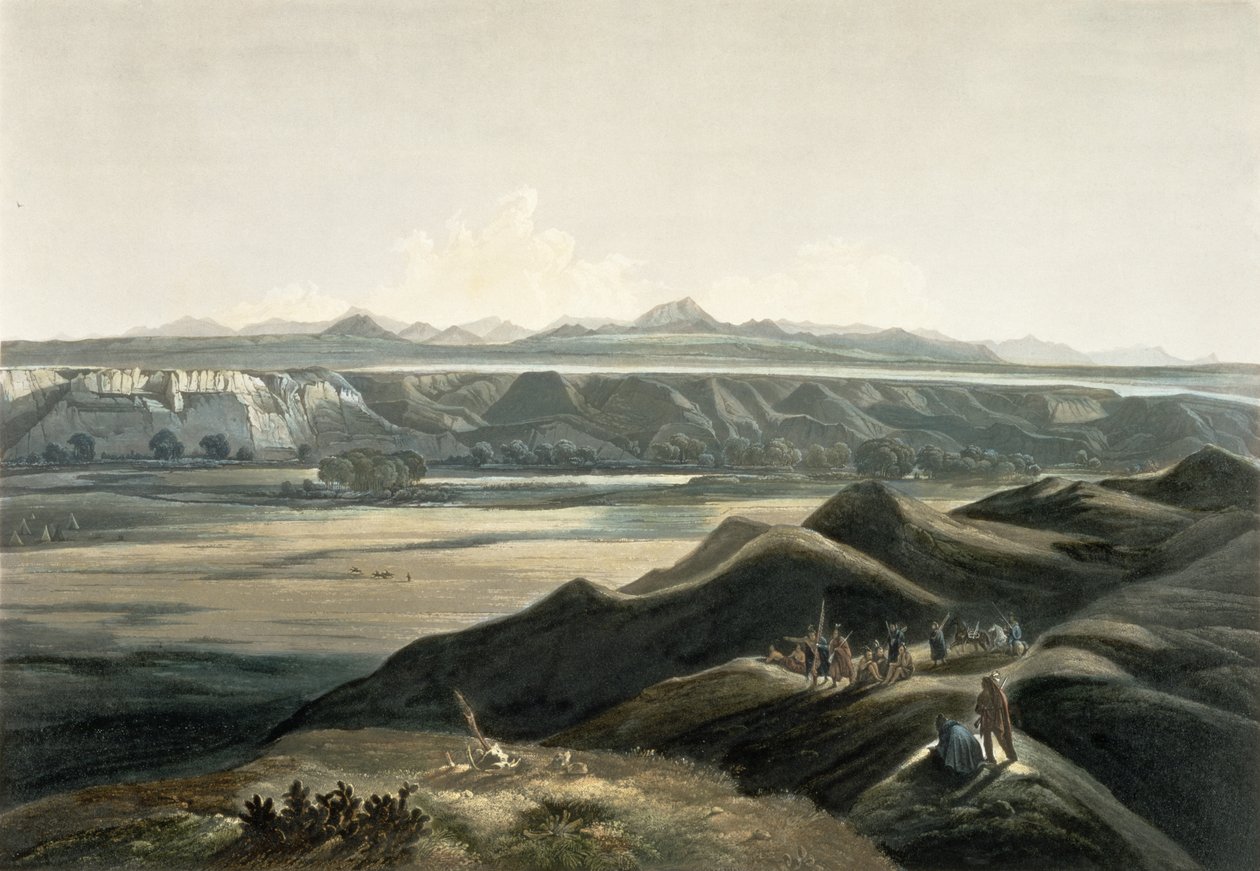 Kilátás a Sziklás-hegységre, az „Utazások Észak-Amerika belsejében” 2. kötetének 44. táblája, Sigismond Himely (1801-72) metszete, 1844 (akvatinta) alkotó: Karl Bodmer
