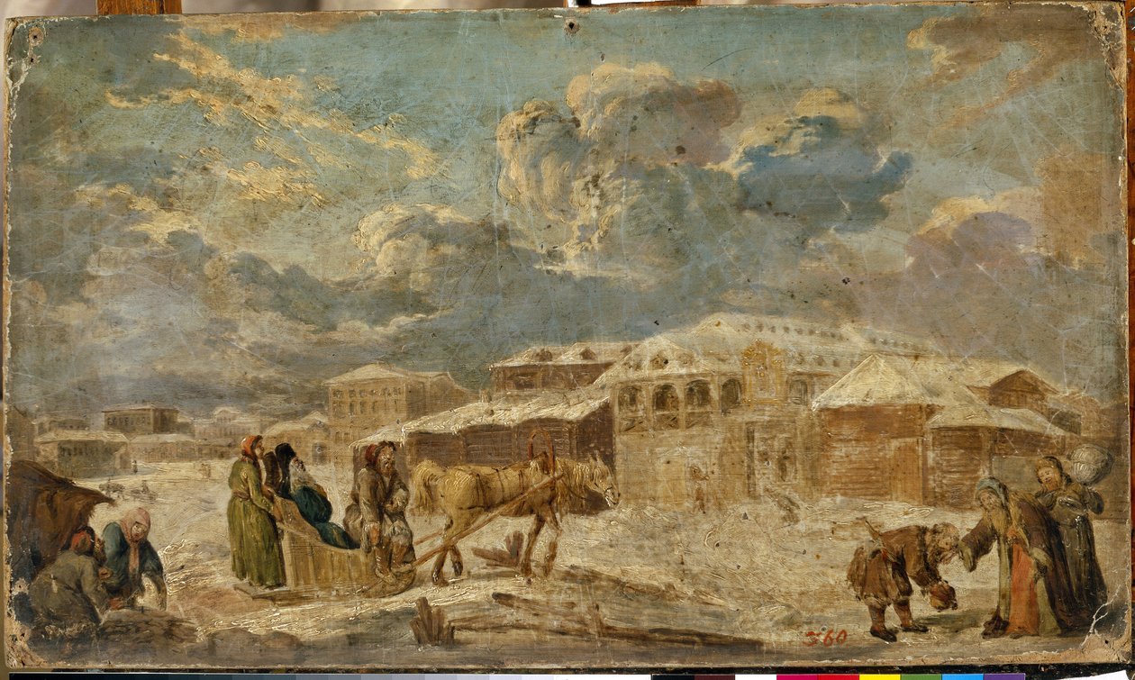 Városi tér télen (Szentpétervár). Városi táj, épületekkel és faházakkal. Karl Friedrich Knappe (1745-1808) festménye, olaj, karton, 18. század második fele. német művészet alkotó: Karl Friedrich Knappe
