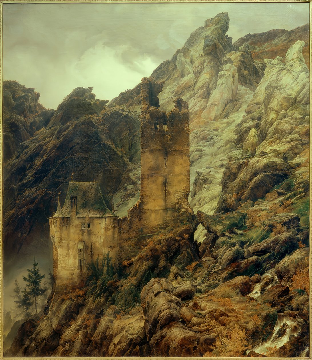 C.F.Lessing, sziklás táj: szurdok romokkal alkotó: Carl Friedrich Lessing