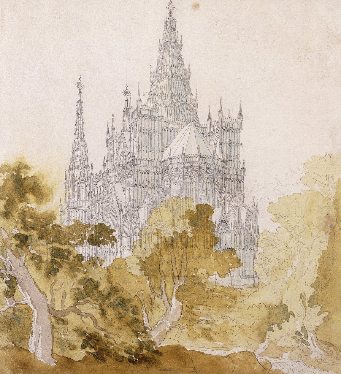 Egy gótikus katedrális Bauman közelében; Gótikus katedrális a fák mögött, 1814-15 alkotó: Karl Friedrich Schinkel