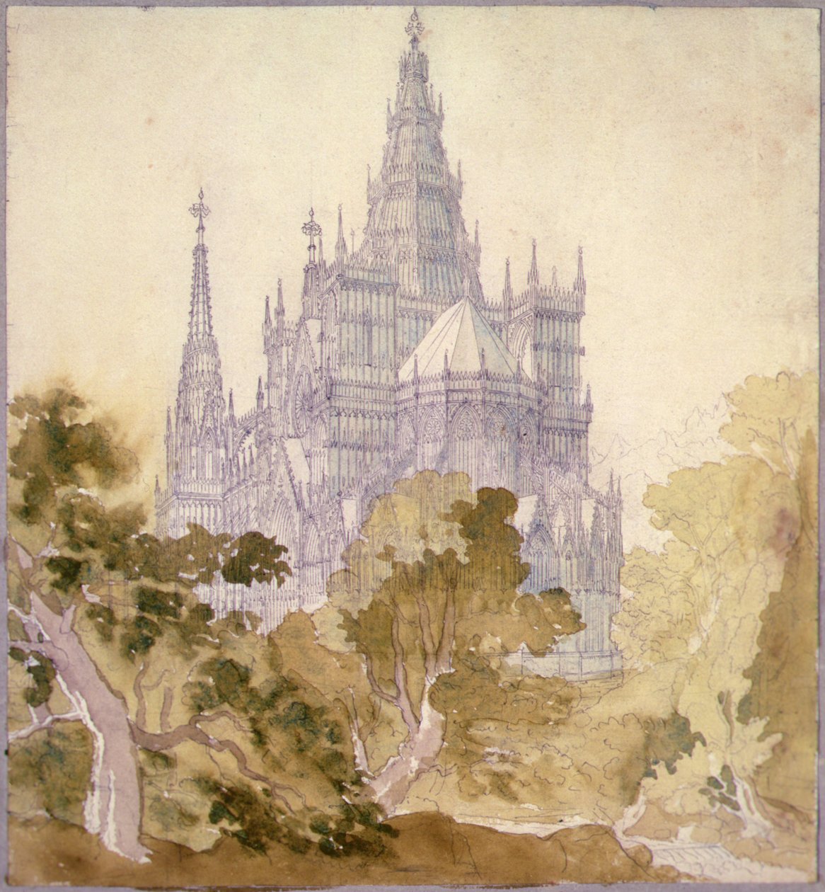Erdős táj gótikus templommal (ceruza, tus és akvarell) alkotó: Karl Friedrich Schinkel