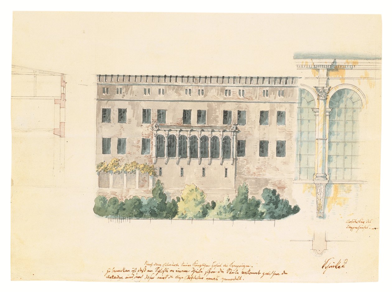 A stettini kastély északi homlokzatának új lépcsőházának terve, a loggia melléktanulmányával, a homlokzat keresztmetszetével és egy kötött pilaszterrel, 1840 körül (ceruza, toll és tinta alkotó: Karl Friedrich Schinkel