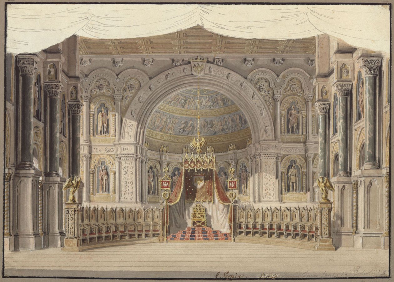 Agnes von Hohenstaufen. Gaspare Spontini operája. Az 1. díszlet vázlata. Császári terem alkotó: Karl Friedrich Schinkel