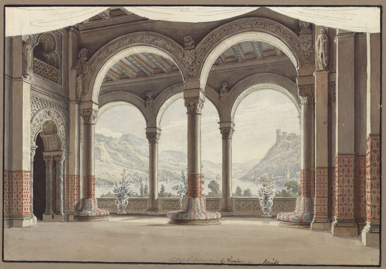 Agnes von Hohenstaufen. Gaspare Spontini operája. A 2. díszlet vázlata. Nyitott csarnok alkotó: Karl Friedrich Schinkel