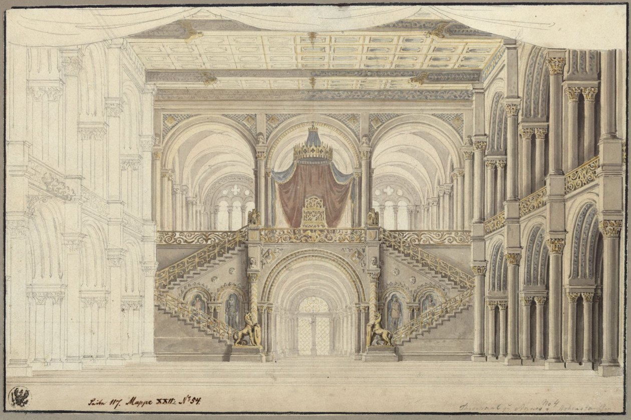 Agnes von Hohenstaufen. Gaspare Spontini operája. A 3. díszlet vázlata. Trónterem alkotó: Karl Friedrich Schinkel