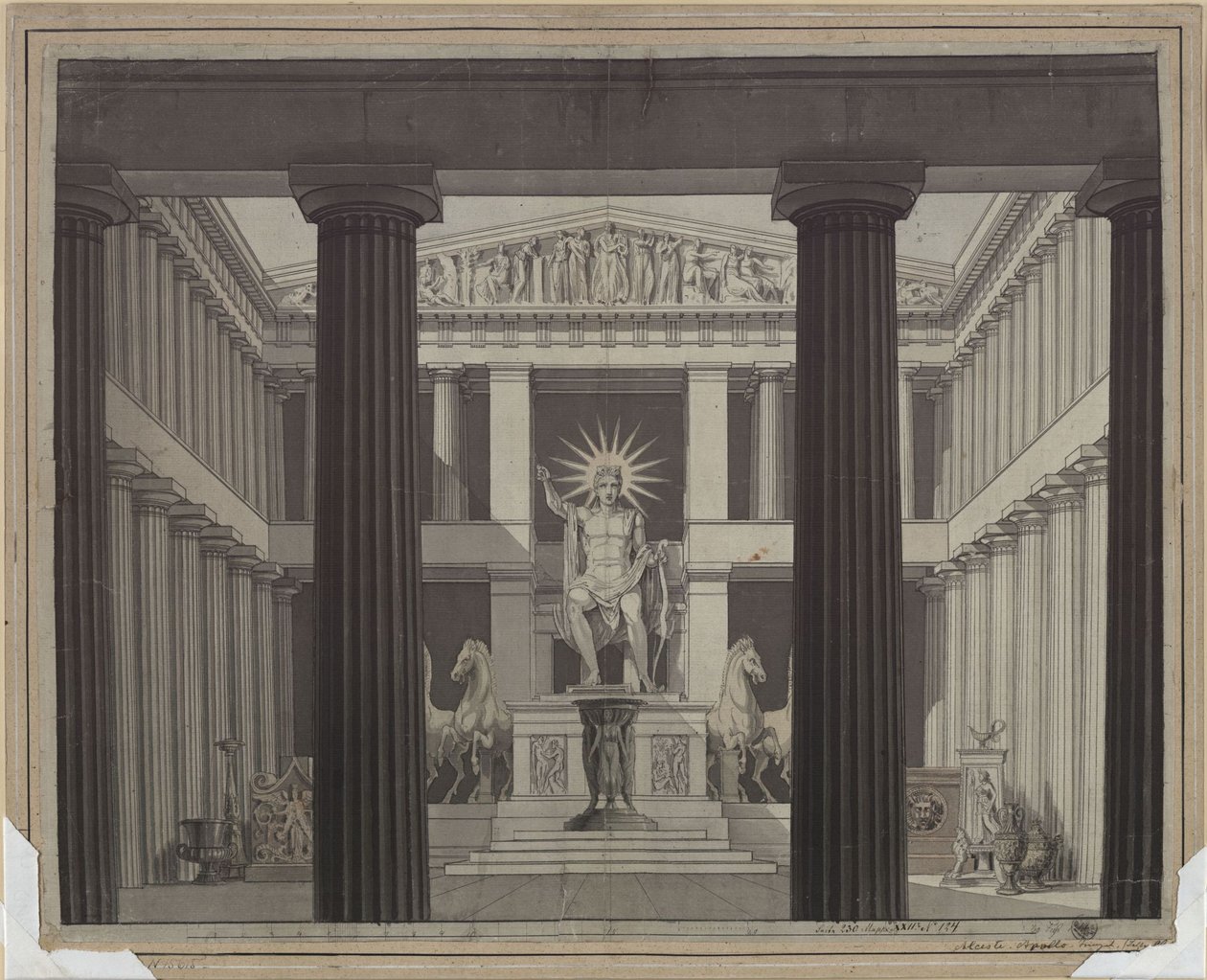 Alceste. Operát írta Christoph Willibald Gluck. A 2. díszlet vázlata. Az Apollón-templom belseje alkotó: Karl Friedrich Schinkel