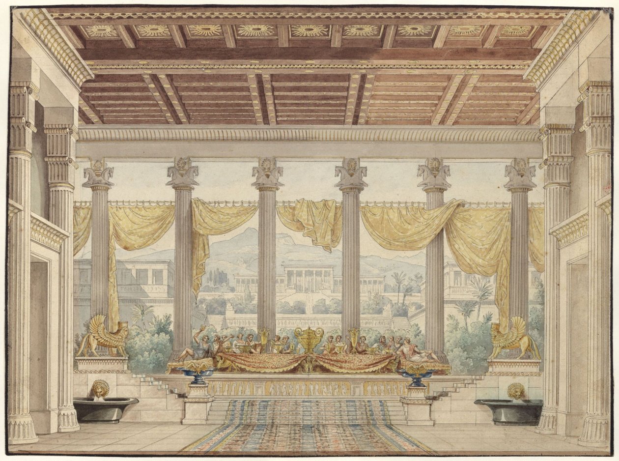 Alexander és Darius. Tragédia Friedrich von Uechtritz tollából. A 4. díszlet vázlata. Nyitott csarnok alkotó: Karl Friedrich Schinkel